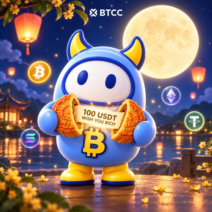 A blue cartoon mascot holds mooncakes with a '100 USDT WISH YOU RICH' note, surrounded by Bitcoin, Ethereum, and other crypto logos under a full moon, branded with the BTCC logo.
