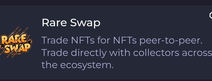A dark-themed announcement for 'Rare Swap' describing a peer-to-peer NFT trading platform with the tagline 'Trade NFTs for NFTs peer-to-peer.'