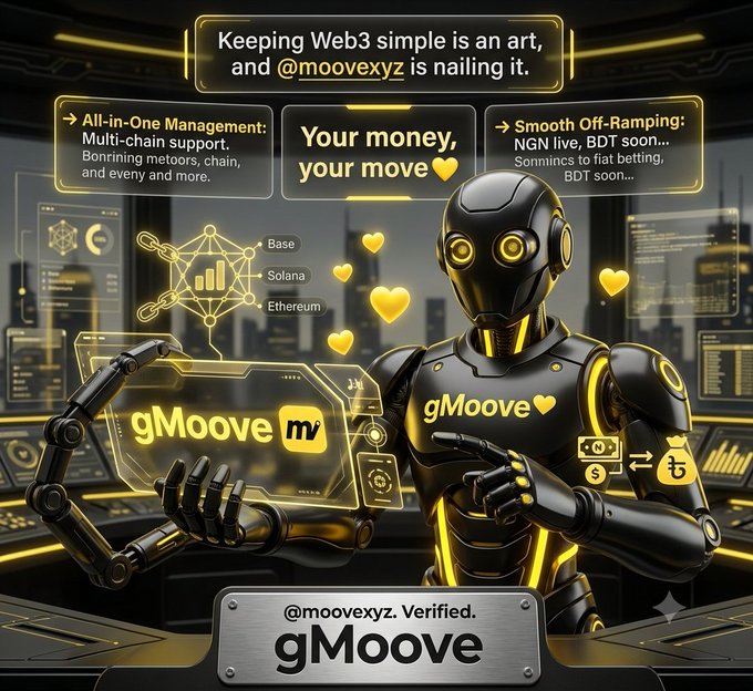 A sleek black-and-gold robot labeled "gMoove" presents a glowing "gMoove" branded device while floating text panels highlight features like "All-in-One Management" with multi-chain support (Base, Solana, Ethereum) and "Smooth Off-Ramping" (NGN live, BDT soon), directly visualizing the post's praise of @moovexyz for simplifying Web3. The tagline "Your money, your move" and the verified "@moovexyz" plaque reinforce the brand's all-in-one crypto management message.