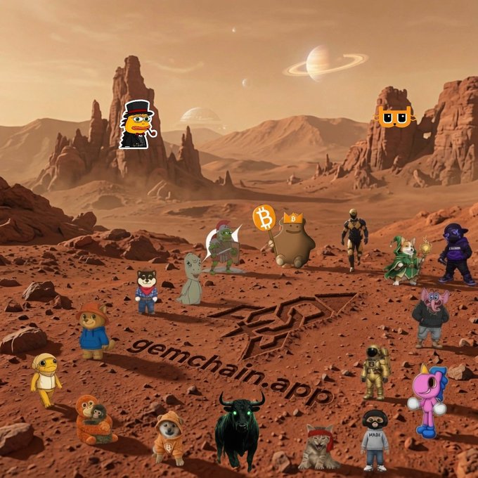 A group of cartoon characters gather on a Mars-like rocky landscape with ringed planets in the sky, with the text "gemchain.app" etched into the dusty ground, serving as a visual "gm" (good morning) greeting from Mars to the crypto community.