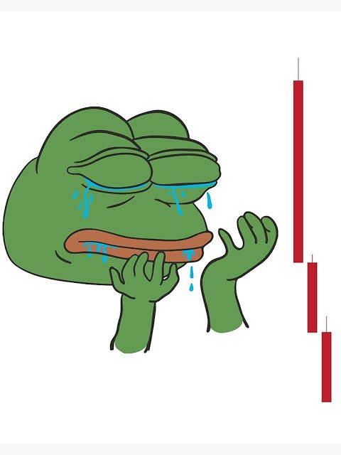 A crying Pepe the Frog meme is shown next to a red downward-trending candlestick chart, symbolizing the painful stage of the crypto cycle. The image visually captures the "Pain" and "I'm never doing this again" phases of the repeating market pattern.