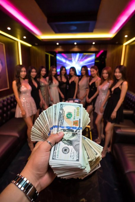 A hand holding a fan of hundred-dollar bills in the foreground, with a group of women in formal dresses standing in a neon-lit lounge in the background.