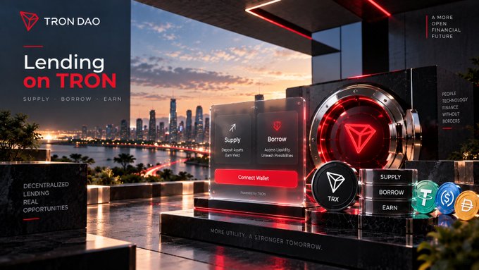 A TRON DAO advertisement titled "Lending on TRON" shows a "Connect Wallet" button and highlights "Supply, Borrow, Earn" actions for accessing liquidity.