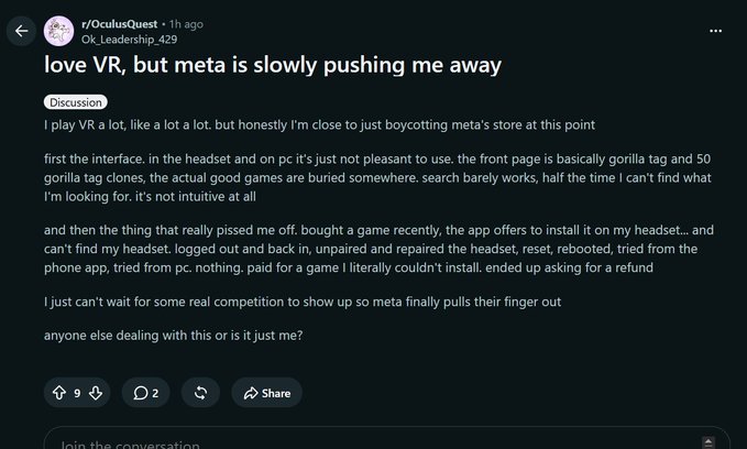 A Reddit discussion post by user r/OculusQuest titled 'love VR, but meta is slowly pushing me away,' complaining about Meta's clunky interface, buried good games, and difficulty installing a purchased game on their headset, ultimately requesting a refund.