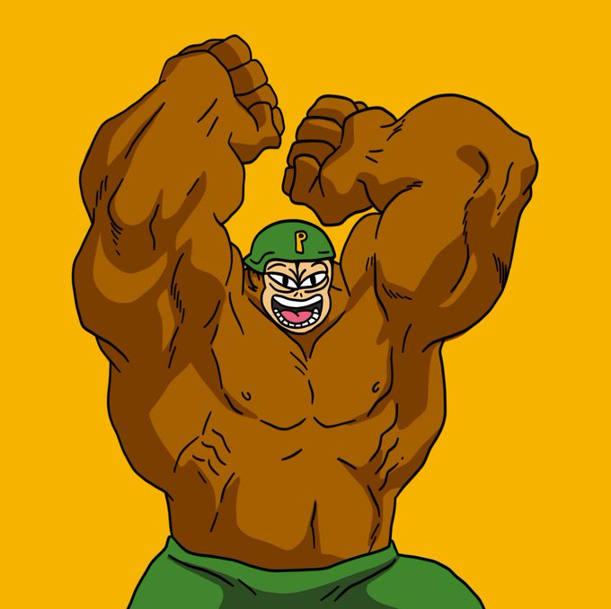 A pixel art-style drawing of a heavily muscular brown figure flexing both arms upward, wearing a green mask with a yellow "P" on it and green pants, set against a solid yellow background.