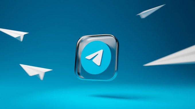 A 3D rendering of the Telegram app icon—a white paper plane on a blue circle—displayed in a transparent rounded square with paper airplanes flying around it on a blue gradient background.