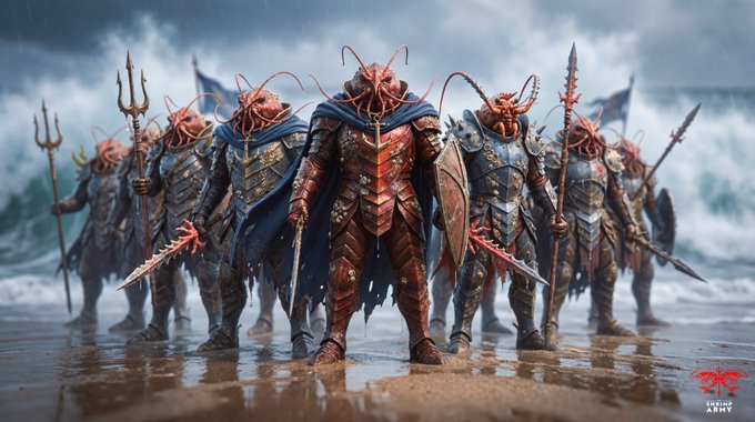 A dramatic fantasy illustration depicting an army of armored, lobster-like warriors wielding tridents, swords, and shields on a rainy beach, with a logo reading "EXILED ARMY" in the bottom right corner.