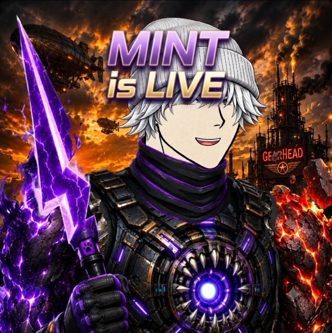 A promotional anime-style graphic declares "MINT is LIVE" featuring a silver-haired character holding a glowing purple sword, with a "GEARHEAD" industrial facility in the fiery background.