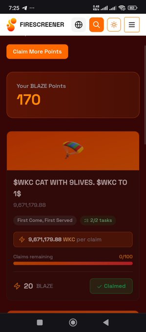 A screenshot of the Firescreener app displaying 'Your BLAZE Points' at 170, with a reward offer for '$WKC CAT WITH 9LIVES' showing 9,671,179.88 WKC per claim, marked as 'Claimed'.