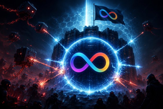 A dramatic sci-fi scene depicts a glowing infinity symbol emblazoned on a shield, defending a fortress against an onslaught of dark, menacing robots, with the infinity logo flag flying overhead—visually representing the Internet Computer (ICP) fending off attackers as described in the post about the ckBTC minting infrastructure being targeted while the network held the line.