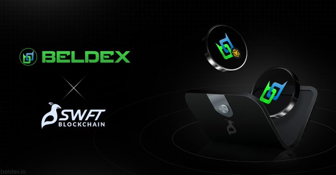 Promotional graphic for BELDEX x SWFT Blockchain partnership, featuring 3D rendered hardware devices and logos.