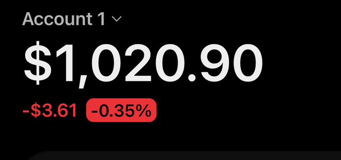 A trading app screen displays Account 1 with a balance of $1,020.90, showing a loss of -$3.61 (-0.35%) in red.