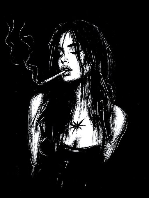A moody black-and-white illustration of a woman with long dark hair smoking a cigarette, smoke curling upward against a dark background, with a small spider or star-like symbol on her chest. The haunting, melancholic atmosphere complements the evocative title "Ashes Between Us," reflecting themes of solitude and lingering emotion.