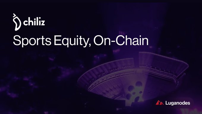 A dark purple banner featuring the **Chiliz** logo and the headline "Sports Equity, On-Chain" over a faintly visible stadium image, with the **Luganodes** logo in the bottom right corner. The graphic promotes a Luganodes explainer on tokenizing sports equity.
