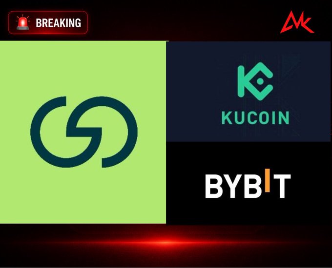 A 'BREAKING' news graphic displaying the logos for an unnamed 'GG' exchange, KuCoin, and Bybit in a split-screen layout.