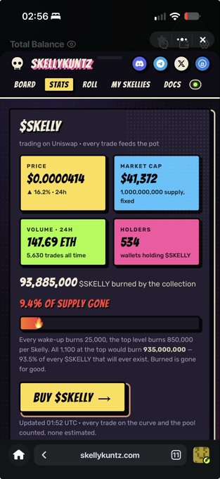 A mobile screenshot of the 'SKELLYKUNTZ' dashboard showing statistics for the '$SKELLY' token, including a price of $0.00000474, a market cap of $47,372, and a buy button.