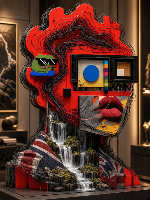 A vibrant, surreal 3D sculpture or artwork featuring a stylized head composed of a waterfall cascading down, red flowing hair, a British flag pattern, a cartoon frog in sunglasses, colorful geometric shapes, and a panel displaying red lips.