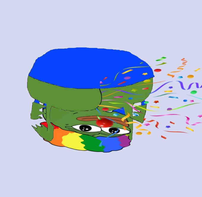 A cartoonish green and blue creature with wide eyes and a rainbow-colored underbelly is depicted amid a burst of confetti and streamers, visually representing the explosive, celebratory launch promised by the post's announcement of 1000x leverage.