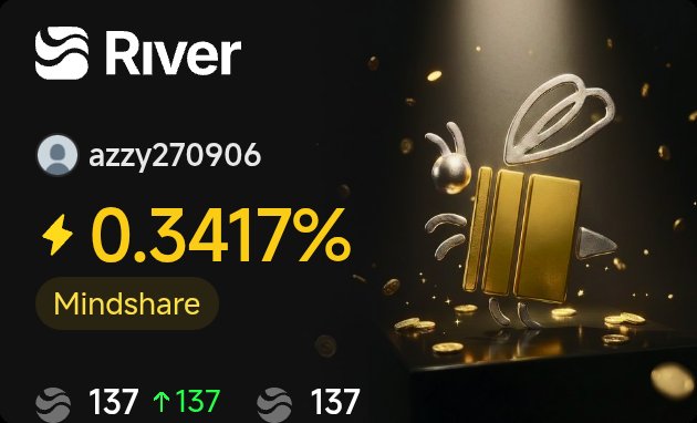 The image features a gold bee with wings spread out against a black background. The text "RIVER" is displayed at the top of the image, while the word "Mindshare" is written below it. The bee appears to be flying towards the bottom right corner of the image. In the lower part of the image, there are numbers and text that seem to be related to a post on social media or an online platform.