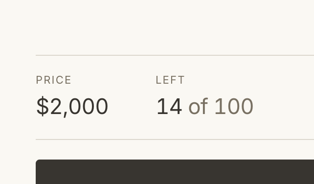 The image shows a price tag of $2,000 with "14 of 100" remaining, illustrating the post's point about the exclusive fair launch of $2,000 pants that quickly sold out, with only 14 of 100 pairs left after $200,000 worth were purchased in 38 minutes.