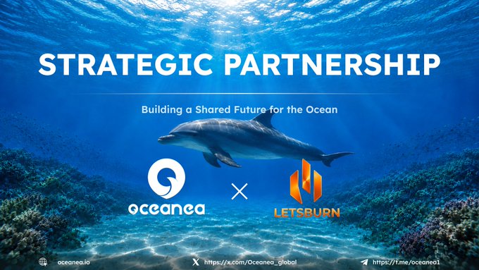 A partnership announcement between Letsburn and Oceanea, featuring logos of both companies alongside a dolphin underwater, with the headline "STRATEGIC PARTNERSHIP - Building a Shared Future for the Ocean," promoting the collaboration between the fitness rewards platform and the ocean experience platform, tagged @Oceanea_global and the website oceanea.io.
