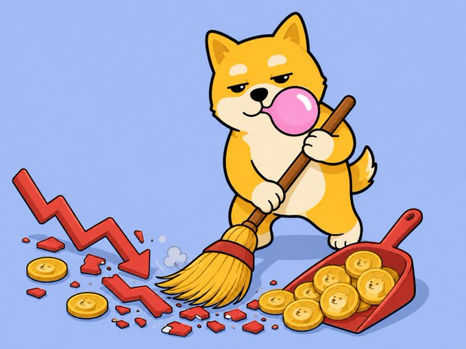 A cartoon illustration of a Shiba Inu dog with a bubble gum bubble, holding a broom sweeping up scattered gold coins into a red dustpan, next to a red downward-trending arrow graph.