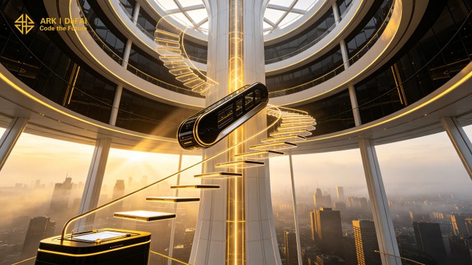 A futuristic spiral staircase ascends through a sleek glass tower with glowing gold accents and a capsule-like elevator, overlooking a golden-hued cityscape at dawn. The "ARK | IDEAL — Code the Future" logo appears in the top-left corner, symbolizing Arkie AI App's upward climb and engineered ascent toward scalability.