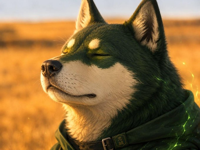 A stylized digital illustration of a green and white wolf or husky-like creature with closed eyes and a green hooded garment, set against a golden field background with subtle glowing green effects.