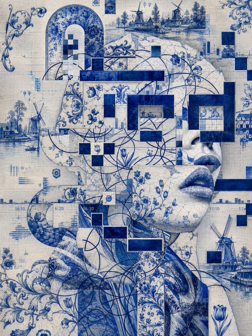 A blue-and-white collage artwork features a partial face of a woman overlaid with Delft-style patterns, windmills, and geometric blocks.