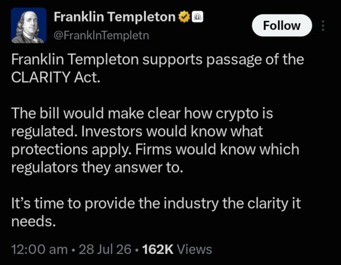 This image shows a tweet from Franklin Templeton (@FranklinTempletn) announcing their support for the CLARITY Act, which aims to regulate crypto. The tweet emphasizes the need for regulatory clarity to foster innovation in the U.S. It directly relates to the post by highlighting a major institution's desire for clear crypto rules.