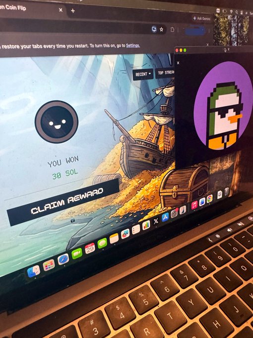 A laptop screen displays a "CLAIM REWARD" notification showing "YOU WON 38 SOL" alongside a pirate-themed treasure illustration, tying into a giveaway post offering 3 SOL to three winners. The image serves as proof or context for the cryptocurrency giveaway, with a pixel-art duck avatar visible in the corner.