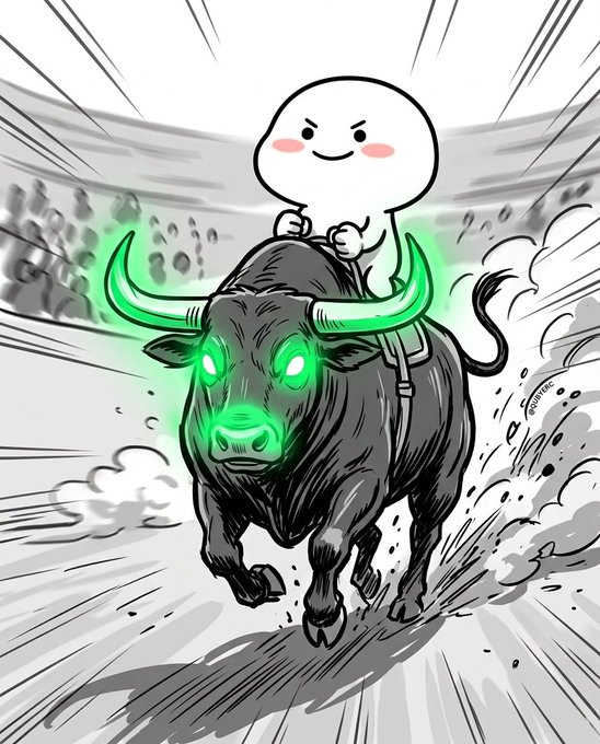A cartoon illustration shows a small white smiling character with rosy cheeks riding a large black bull with glowing green eyes and horns, charging through a stylized landscape.