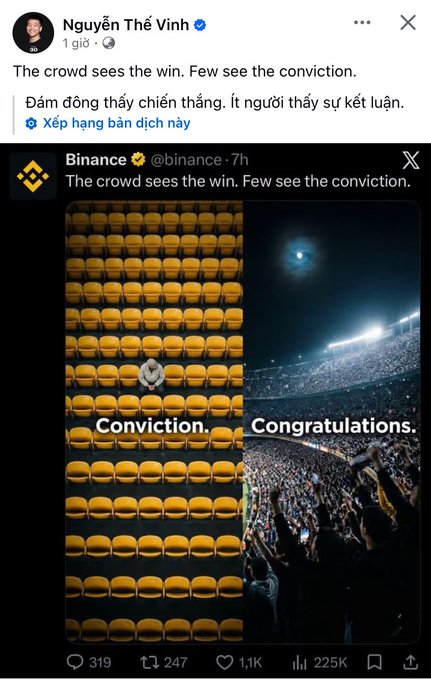 A screenshot of a Twitter/X post by Nguyễn Thế Vinh quoting Binance with the caption 'The crowd sees the win. Few see the conviction.' showing a split image of empty seats labeled 'Conviction.' versus a full stadium labeled 'Congratulations.'