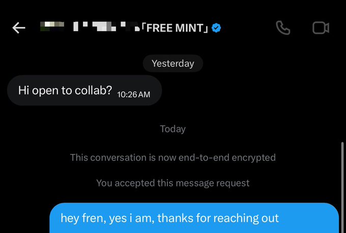 A screenshot of a Twitter DM conversation shows a user with a verified badge named "[FREE MINT]" reaching out with "Hi open to collab?" at 10:26 AM, followed by a reply "hey fren, yes i am, thanks for reaching out," relating to the post about an upcoming free mint collab on the Robinhood chain.