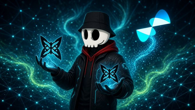 A digital artwork featuring a skull-faced character in a black bucket hat and jacket holding glowing butterfly symbols, with a colorful abstract background containing a Hyperliquid logo.
