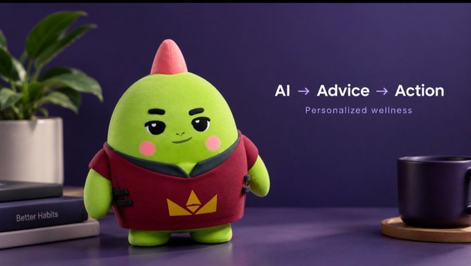 A 3D-rendered green mascot character with a red mohawk wearing a maroon shirt, positioned next to text reading "AI → Advice → Action Personalized wellness," with books including "Better Habits" and a coffee mug in the scene.