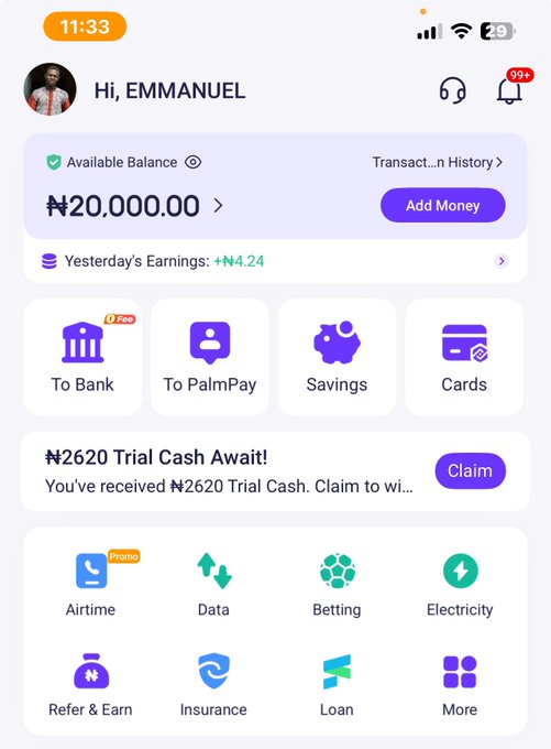 A screenshot of a PalmPay mobile app dashboard for user EMMANUEL showing a balance of ₦20,000.00, with yesterday's earnings of ₦4.24, a ₦2620 Trial Cash promotion, and various service options including To Bank, To PalmPay, Savings, Airtime, Data, Betting, and Electricity.