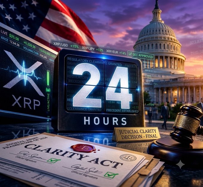 The image is a dramatic digital composite depicting a countdown of "24 HOURS" in bold white numerals, set against a backdrop featuring the U.S. Capitol building at sunset, symbolizing an imminent legislative moment. Prominent text highlights "REGULATORY CLEARANCE GRANTED," "PRECEDENT ESTABLISHED," and "SEC APPROVED," alongside XRP-related tickers like "XRP/USD +15%" and "XRP/JPY +12%," signaling bullish crypto market implications. A digital countdown display showing "24 HOURS" dominates the center, flanked by a glowing "XRP" logo with an EKG-style pulse line. In the foreground, a wooden gavel rests next to a "JUDICIAL CLARITY DECISION - FINAL" plaque, while an official "CLARITY ACT" document with a wax seal, signatures, and official stamps reinforces the legislative theme. The composition ties directly to the post's urgency about the CLARITY Act Senate vote within