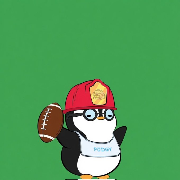 A cartoon penguin mascot labeled 'PUDGY' wears a red firefighter helmet and holds a football against a solid green background.