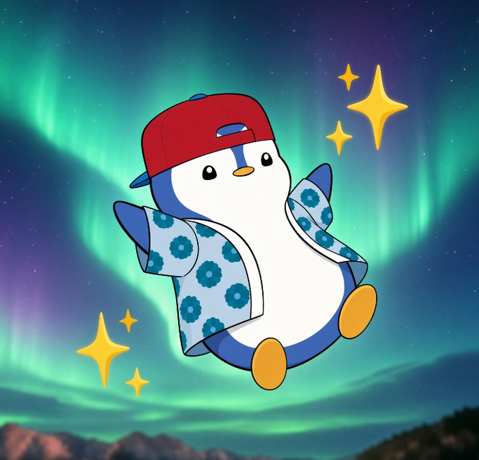 Cute cartoon penguin character wearing a red backwards cap and blue floral Hawaiian shirt, floating against a green and purple aurora borealis night sky with sparkles.