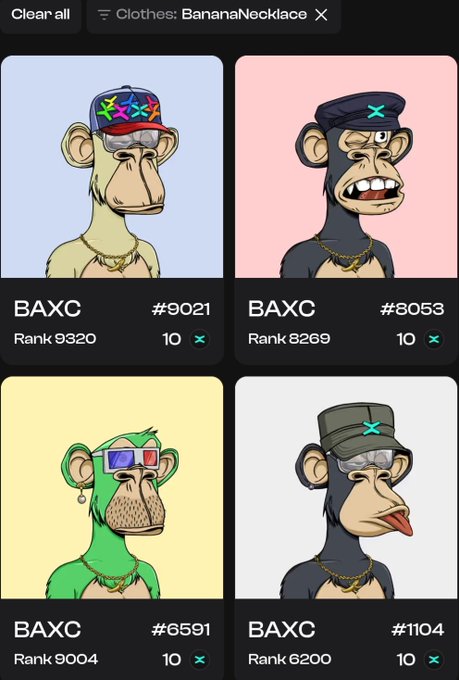 The image displays four Bored Ape X Club (BAXC) NFTs from the "BananaNecklace" collection on xoxno.com, with each ape wearing the signature banana necklace and priced at 10 $EGLD. The accompanying post celebrates that floor prices for BananaNecklace BAXC NFTs jumped from 5 to 10 $EGLD in just a few days, showcasing four listings (#9021, #8053, #6591, #1104) all listed at the new 10 $EGLD floor price.