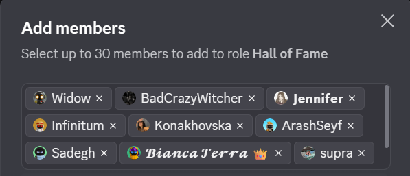 A Discord 'Add members' interface for a 'Hall of Fame' role, displaying selected tags for users like Widow, BadCrazyWitch, and Jennifer.