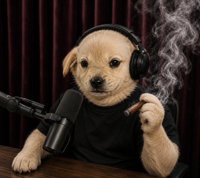 A fluffy puppy wearing black headphones and a black shirt sits at a desk with a podcast microphone, holding a smoking cigar while looking directly at the camera. The image humorously anthropomorphizes a pet "trader" or podcaster, pairing with the post's confident commentary about "Jotchua floor holding well, next is breakout" — reinforcing a bullish, swaggering market stance through the cigar-smoking, headphones-clad canine broadcaster persona.