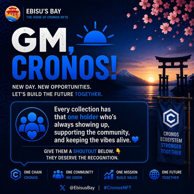 A 'GM, CRONOS!' promotional graphic from 'EBISU'S BAY' featuring Mt. Fuji, a torii gate, cherry blossoms, and text about building the future together.