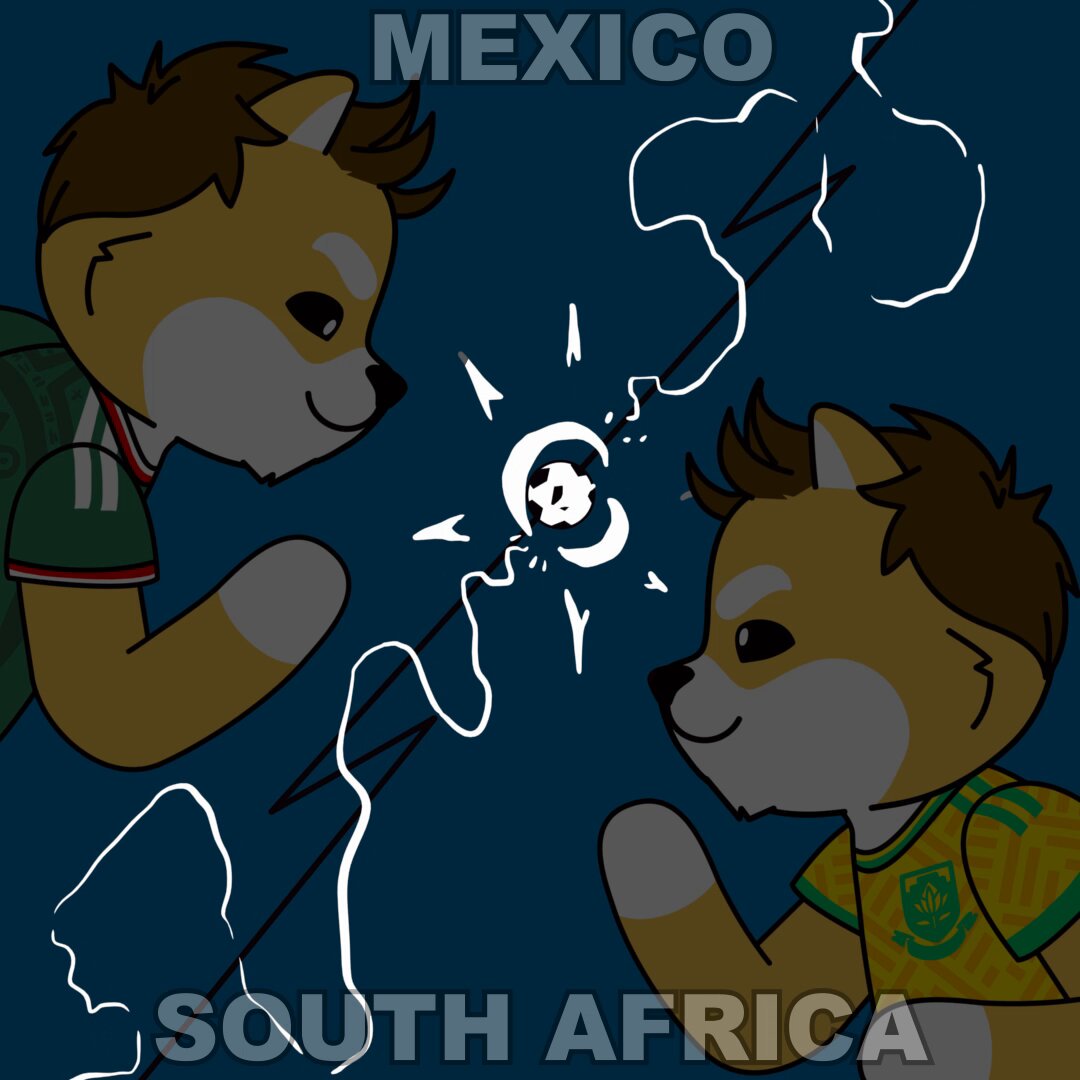 iced tea with a straw, two cartoon dogs, and the text "MEXICO/MEXICO" against a blue background.