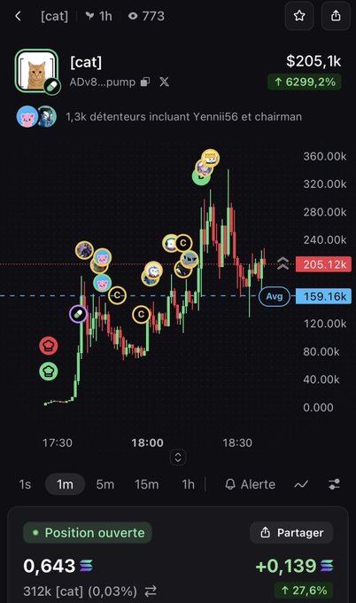 A trading app screenshot displays a chart for the token '[cat]' with a current price of $205.1k and a massive 6299.2% gain shown in green.