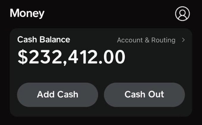 A money app interface showing a cash balance of $232,412.00 with Add Cash and Cash Out buttons.