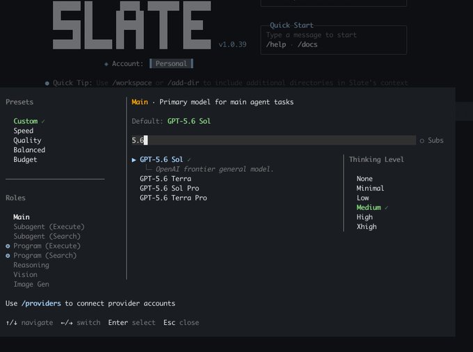 Screenshot of the SLATE v1.0.39 interface showing model configuration with GPT-5.6 Sol selected as the default main model and Medium thinking level.