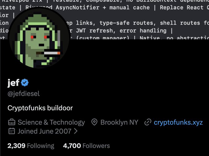 A Twitter profile for 'jef' (@jefdiesel) with a verified blue checkmark and a pixel-art profile picture of a smoking character, displaying the bio 'Cryptofunks buildoor' and located in Brooklyn NY with 4,700 followers.