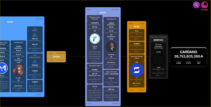 A blockchain ecosystem diagram displays multiple networks including NANA, OCEAN, DAZZLE, KILNZ, MEMPOOL, and CARDANO with their respective token metrics and validator information.